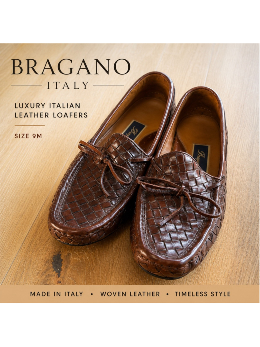 Bragano Woven Leather Loafers Mens 9 Made in Italy Brown Luxury Driver